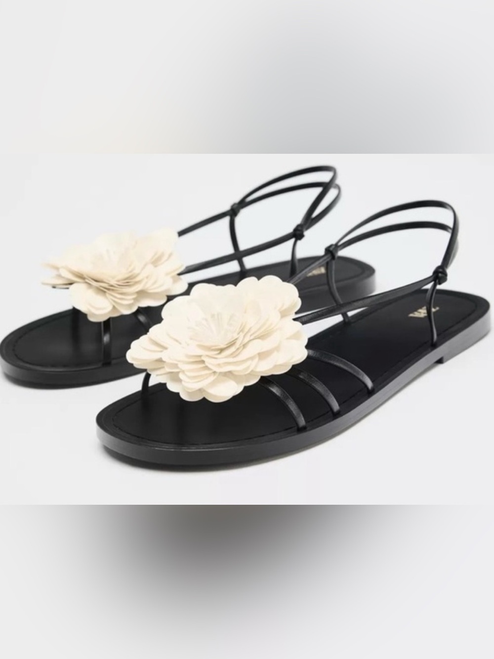 Zara Black Slingback Sandals with Cream Floral Appliqué